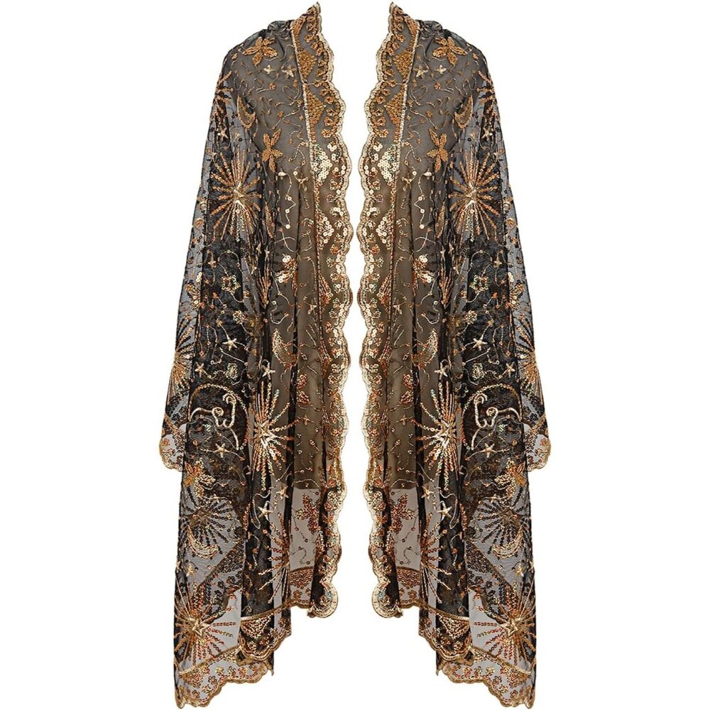 WOMEN'S 1920s Sequined Shawl Wraps - blackgold